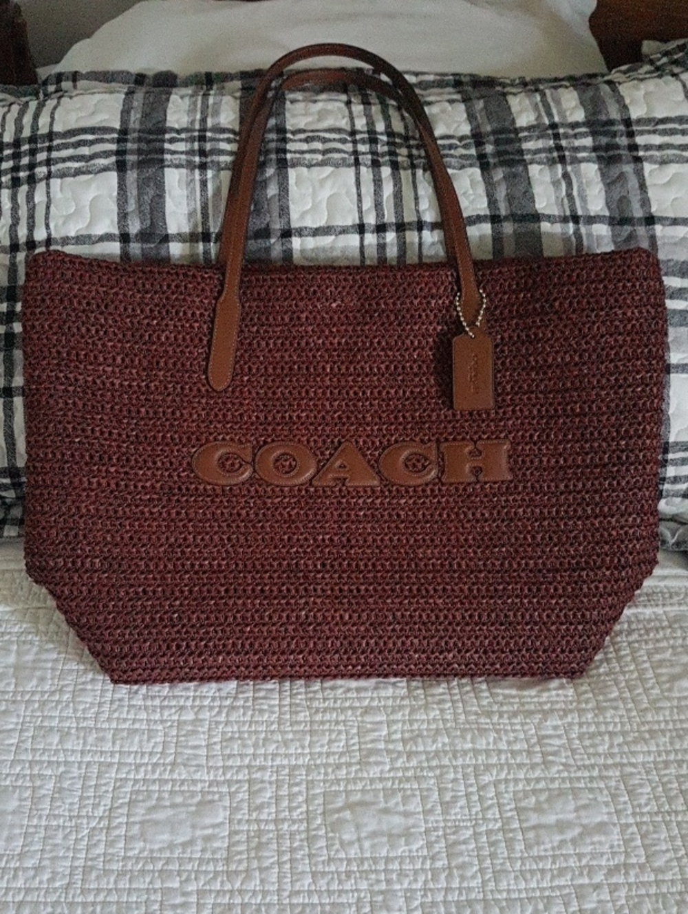 COACH Rustic Woven Tote Bag -Brown Leather Handles.